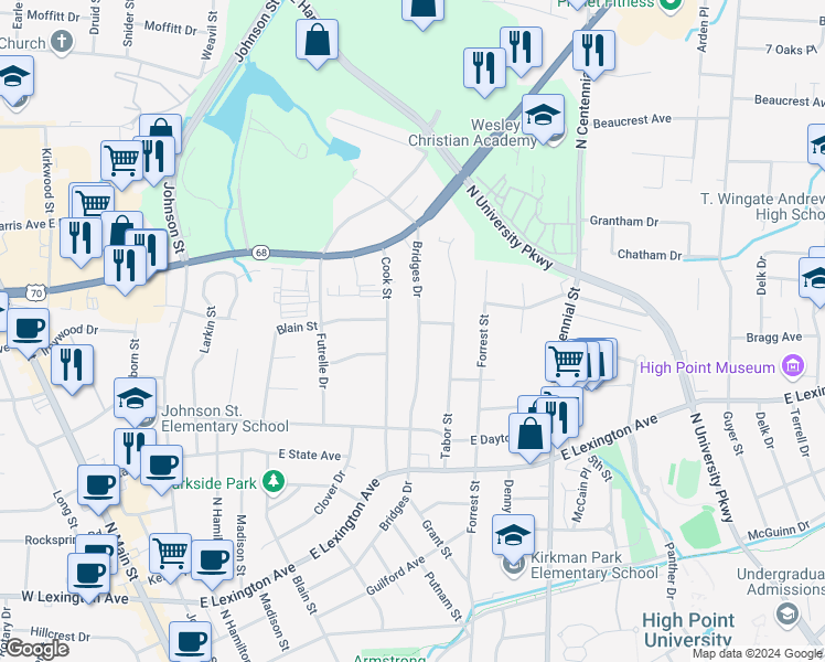 map of restaurants, bars, coffee shops, grocery stores, and more near 1117 Bridges Drive in High Point