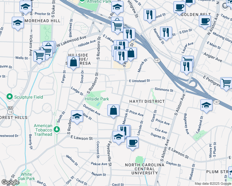 map of restaurants, bars, coffee shops, grocery stores, and more near 1226 Dawkins Street in Durham