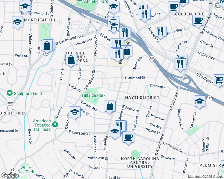 map of restaurants, bars, coffee shops, grocery stores, and more near 1226 Dawkins Street in Durham