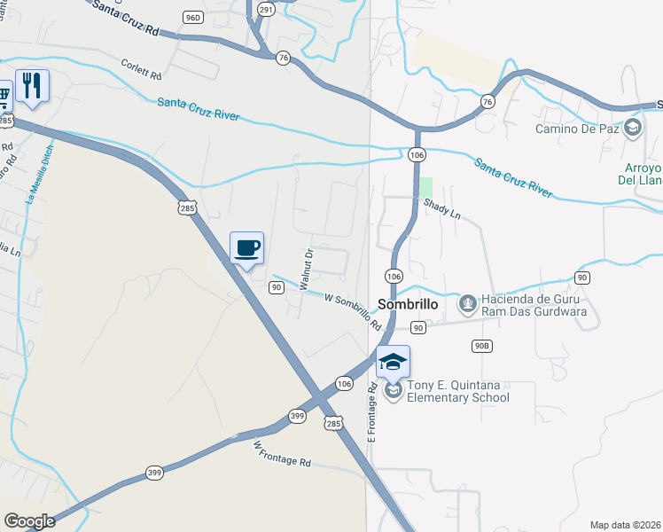 map of restaurants, bars, coffee shops, grocery stores, and more near 21 Walnut Loop in Española