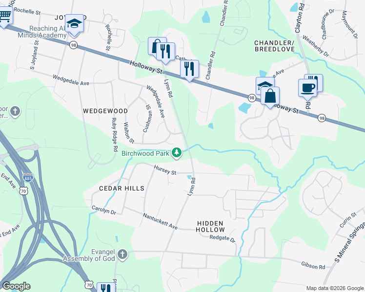 map of restaurants, bars, coffee shops, grocery stores, and more near 404 Lynn Road in Durham