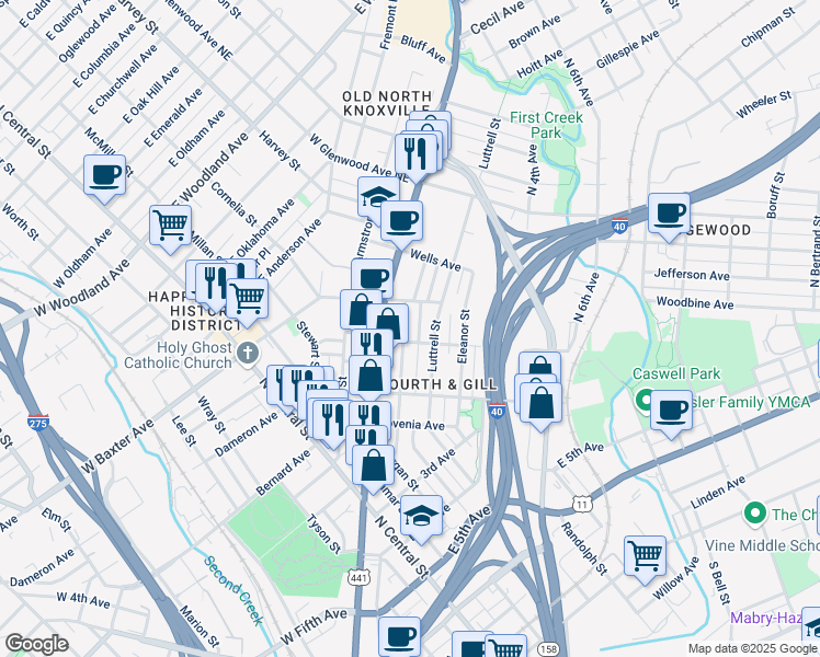 map of restaurants, bars, coffee shops, grocery stores, and more near 1020 Gratz Street in Knoxville