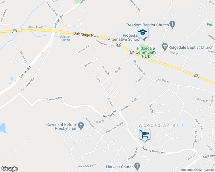 map of restaurants, bars, coffee shops, grocery stores, and more near 2724 Sood Road in Knoxville