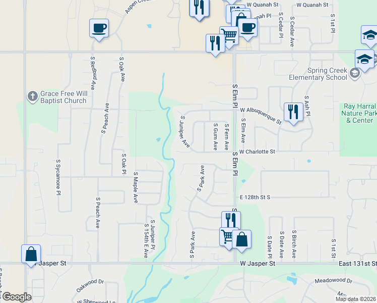 map of restaurants, bars, coffee shops, grocery stores, and more near 7508 South Juniper Avenue in Broken Arrow