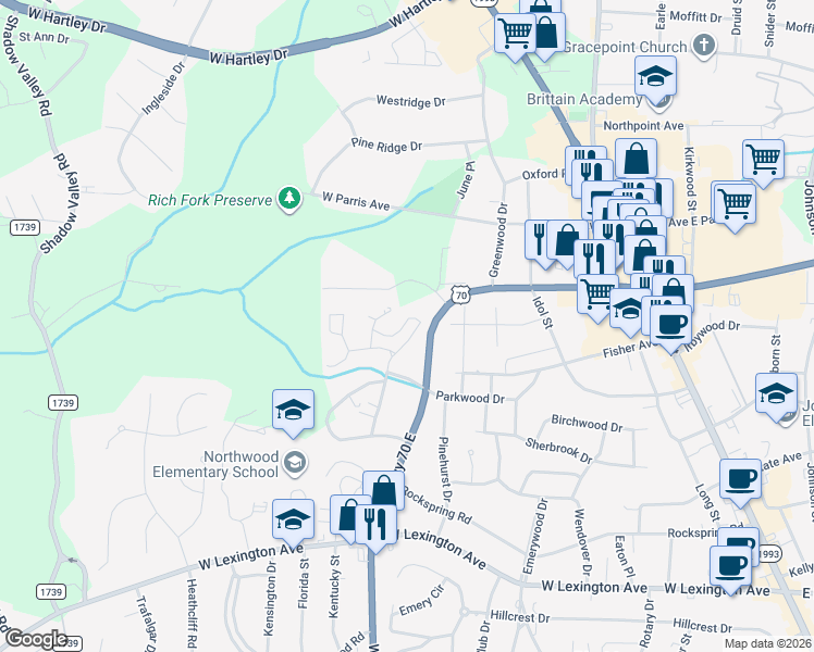 map of restaurants, bars, coffee shops, grocery stores, and more near 915 Flicker Lane in High Point