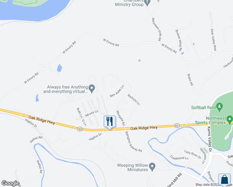 map of restaurants, bars, coffee shops, grocery stores, and more near 3429 Ben Alder Lane in Knoxville