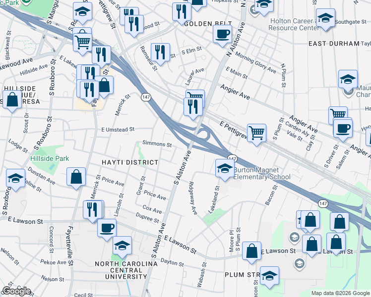 map of restaurants, bars, coffee shops, grocery stores, and more near 510 South Alston Avenue in Durham