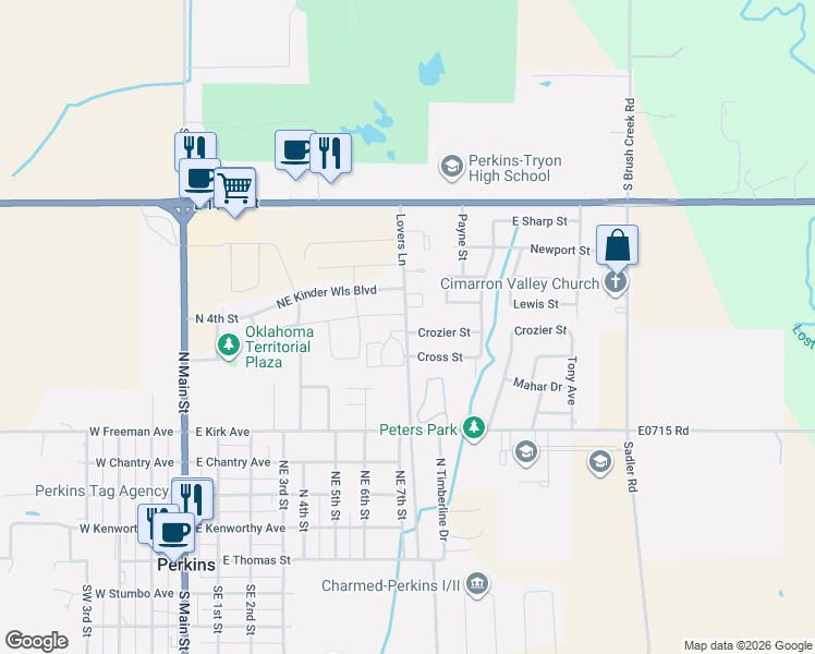 map of restaurants, bars, coffee shops, grocery stores, and more near 103 Crozier Street in Perkins