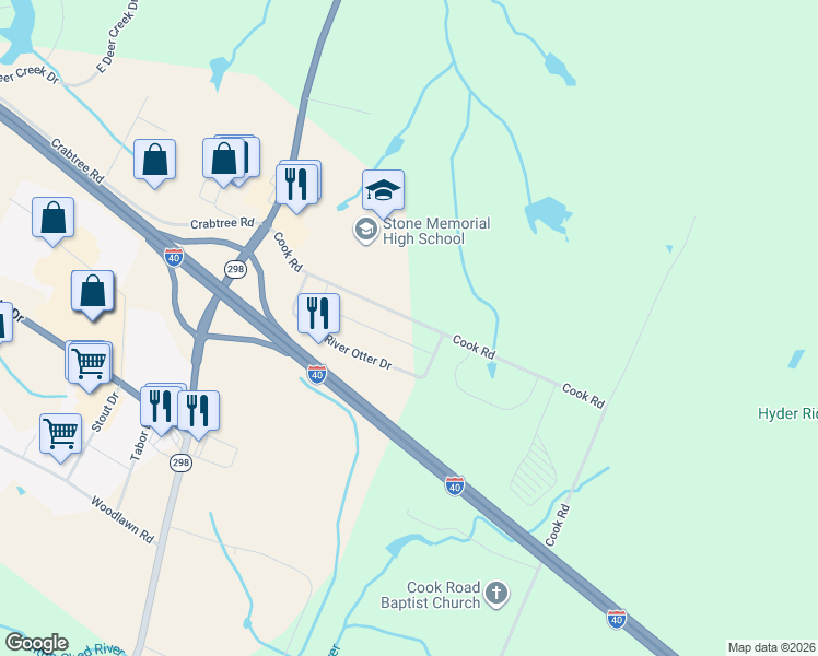 map of restaurants, bars, coffee shops, grocery stores, and more near 2935 Cook Road in Crossville