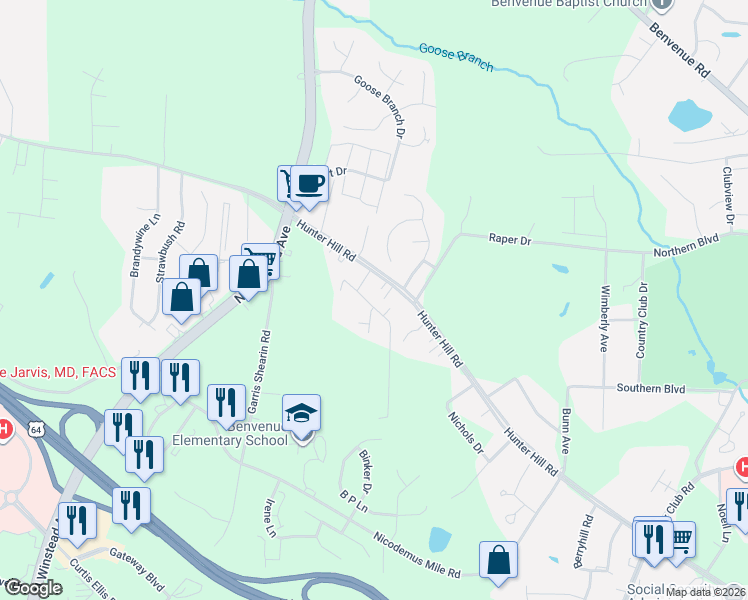 map of restaurants, bars, coffee shops, grocery stores, and more near 2337 Hunter Hill Road in Rocky Mount