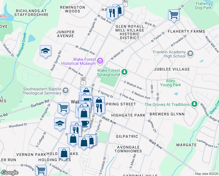 map of restaurants, bars, coffee shops, grocery stores, and more near 325 North Taylor Street in Wake Forest