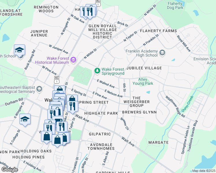 map of restaurants, bars, coffee shops, grocery stores, and more near 600 East Walnut Avenue in Wake Forest