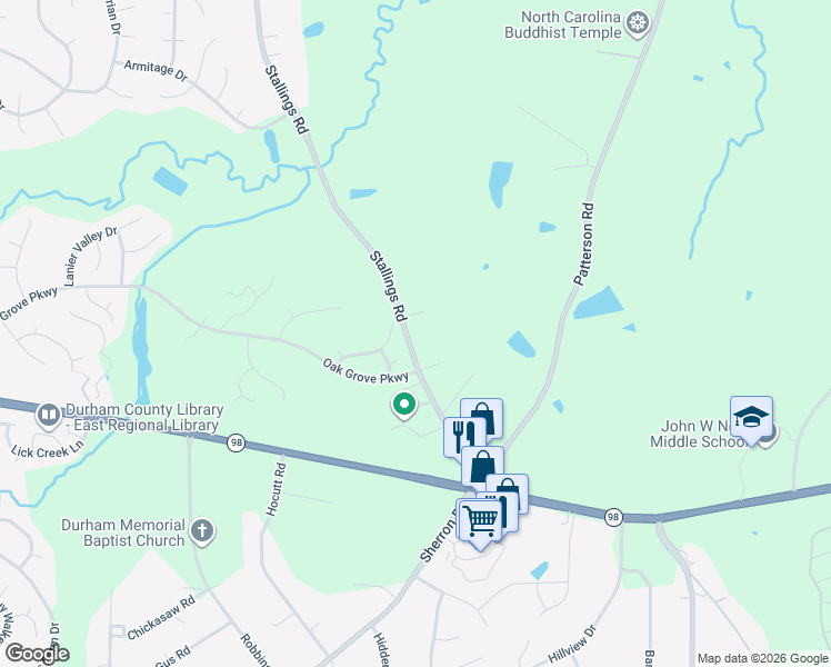 map of restaurants, bars, coffee shops, grocery stores, and more near 312 Stallings Road in Durham