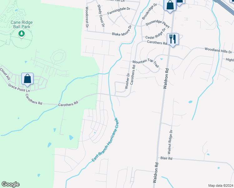 map of restaurants, bars, coffee shops, grocery stores, and more near 100 Washer Drive in La Vergne