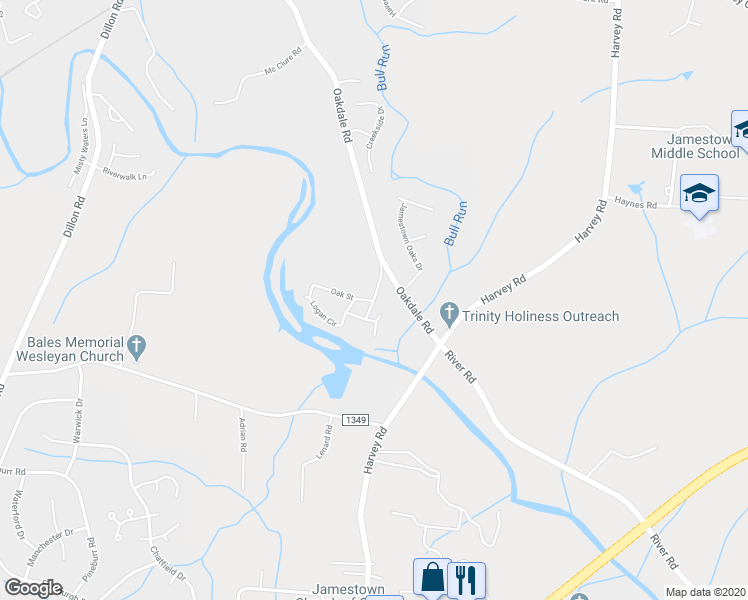 map of restaurants, bars, coffee shops, grocery stores, and more near 699 Oakdale Mill Road in Jamestown