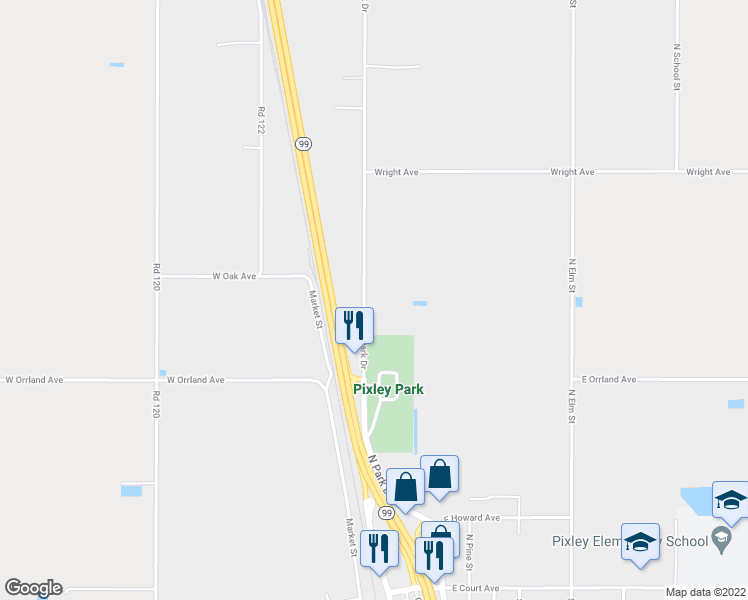 map of restaurants, bars, coffee shops, grocery stores, and more near 1430 North Park Drive in Pixley