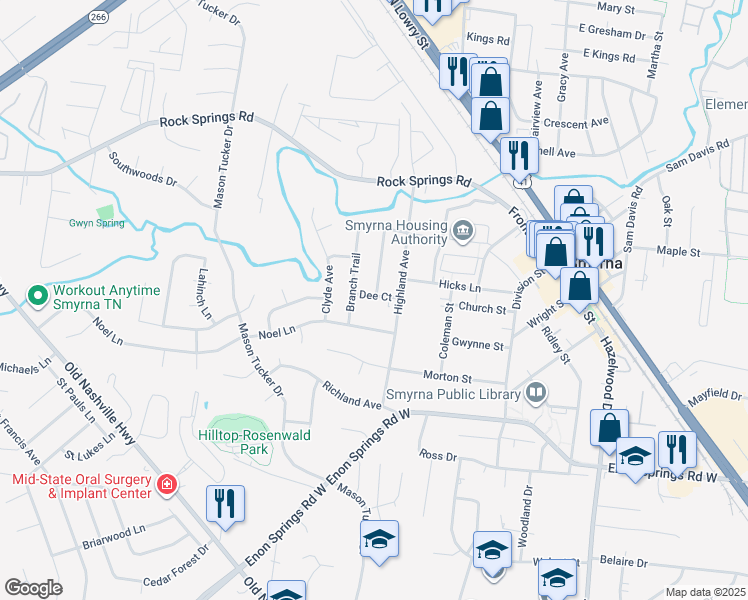 map of restaurants, bars, coffee shops, grocery stores, and more near 401 Highland Avenue in Smyrna