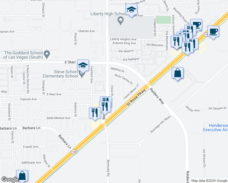 map of restaurants, bars, coffee shops, grocery stores, and more near 1310 Ossa Street in Henderson