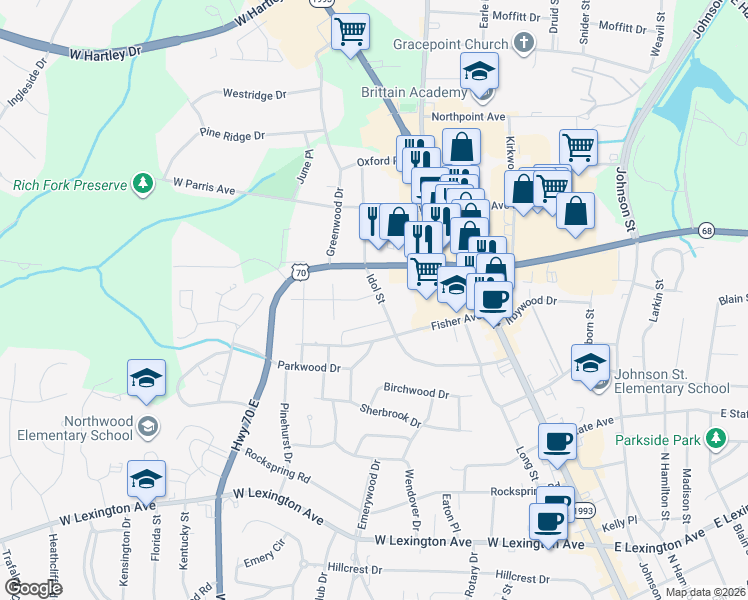 map of restaurants, bars, coffee shops, grocery stores, and more near 319 Idol Street in High Point