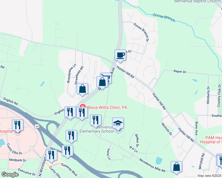 map of restaurants, bars, coffee shops, grocery stores, and more near 1049 Garris Shearin Road in Rocky Mount