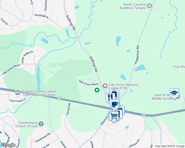 map of restaurants, bars, coffee shops, grocery stores, and more near 205 Briarhaven Drive in Durham