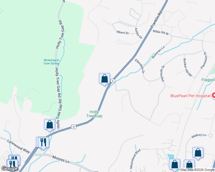 map of restaurants, bars, coffee shops, grocery stores, and more near 1447 Franklin Road in Brentwood