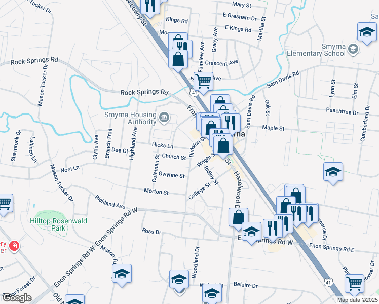 map of restaurants, bars, coffee shops, grocery stores, and more near 200 Division Street in Smyrna