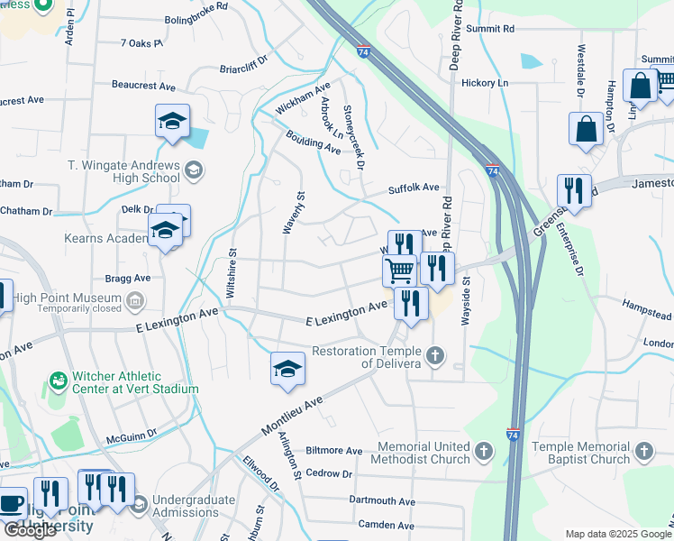 map of restaurants, bars, coffee shops, grocery stores, and more near 1507 Darden Street in High Point