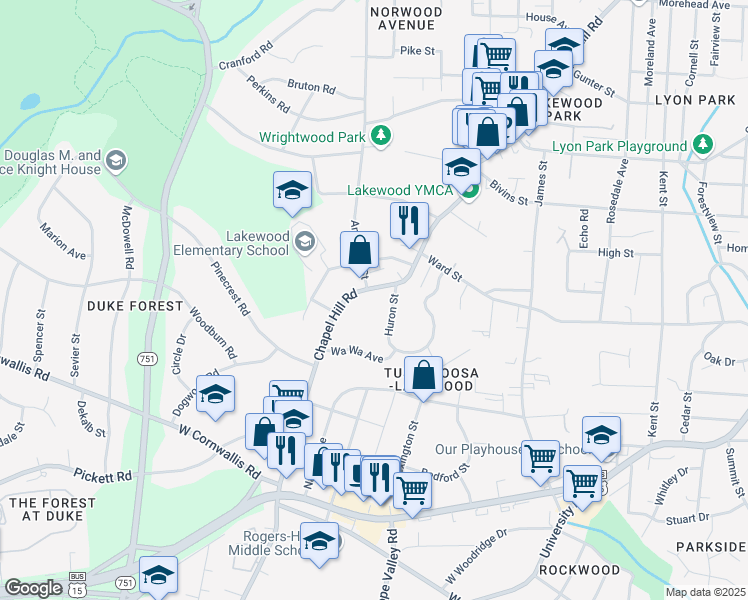 map of restaurants, bars, coffee shops, grocery stores, and more near 2501A Chapel Hill Road in Durham