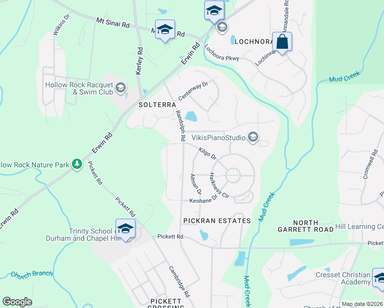 map of restaurants, bars, coffee shops, grocery stores, and more near 3614 Kilgo Drive in Durham