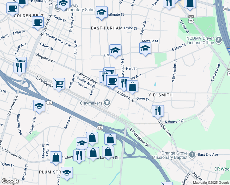 map of restaurants, bars, coffee shops, grocery stores, and more near 2100 Angier Avenue in Durham