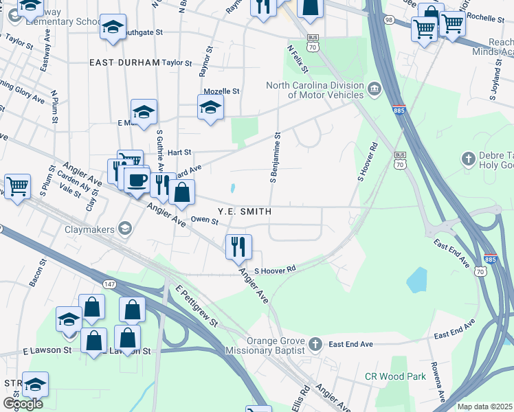 map of restaurants, bars, coffee shops, grocery stores, and more near 2615 Ashe Street in Durham