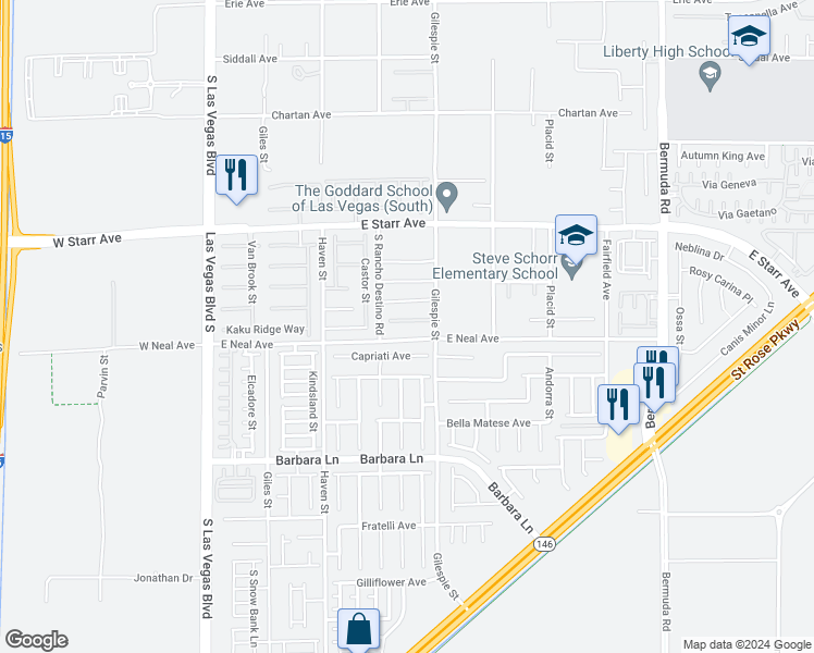 map of restaurants, bars, coffee shops, grocery stores, and more near 173 Elexese Court in Las Vegas