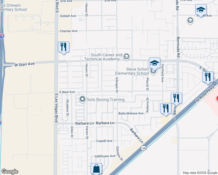 map of restaurants, bars, coffee shops, grocery stores, and more near 173 Elexese Court in Las Vegas