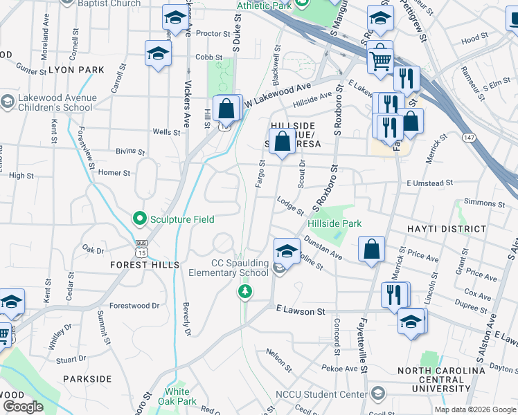 map of restaurants, bars, coffee shops, grocery stores, and more near 1207 Fargo Street in Durham