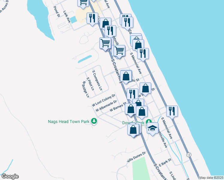 map of restaurants, bars, coffee shops, grocery stores, and more near 2625 South Bridge Lane in Nags Head