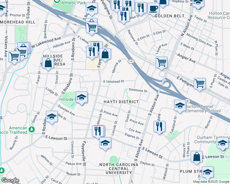 map of restaurants, bars, coffee shops, grocery stores, and more near 1200 Spaulding Street in Durham