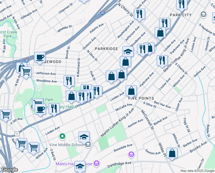 map of restaurants, bars, coffee shops, grocery stores, and more near 405 Olive Street in Knoxville