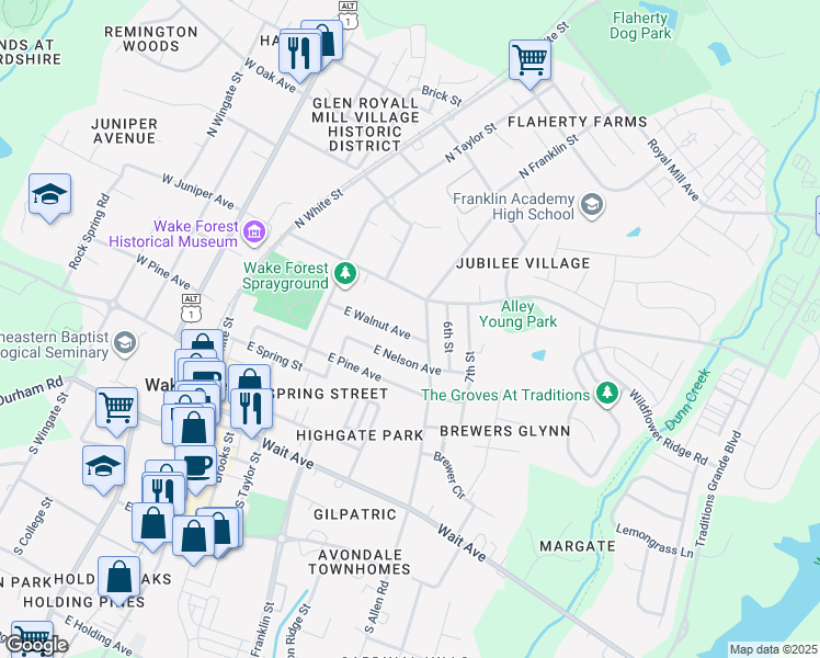map of restaurants, bars, coffee shops, grocery stores, and more near 421 North Allen Road in Wake Forest