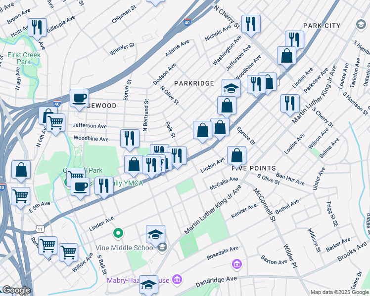map of restaurants, bars, coffee shops, grocery stores, and more near 2043 East 5th Avenue in Knoxville