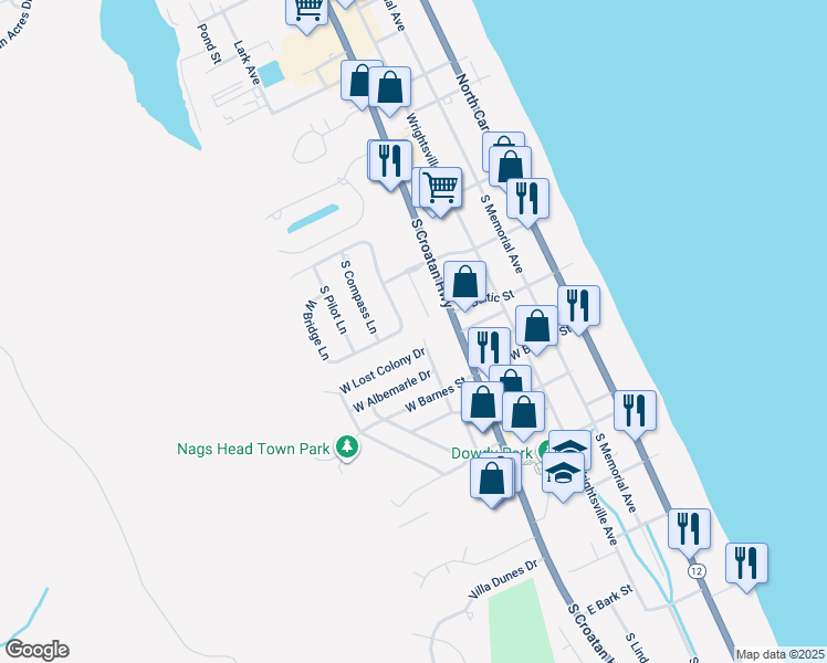 map of restaurants, bars, coffee shops, grocery stores, and more near 2625 South Bridge Lane in Nags Head