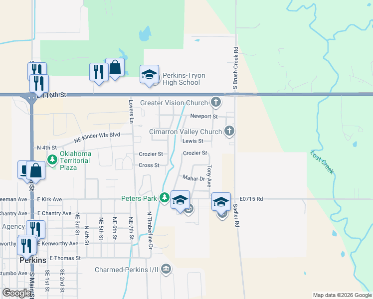 map of restaurants, bars, coffee shops, grocery stores, and more near 108 Lewis Street in Perkins
