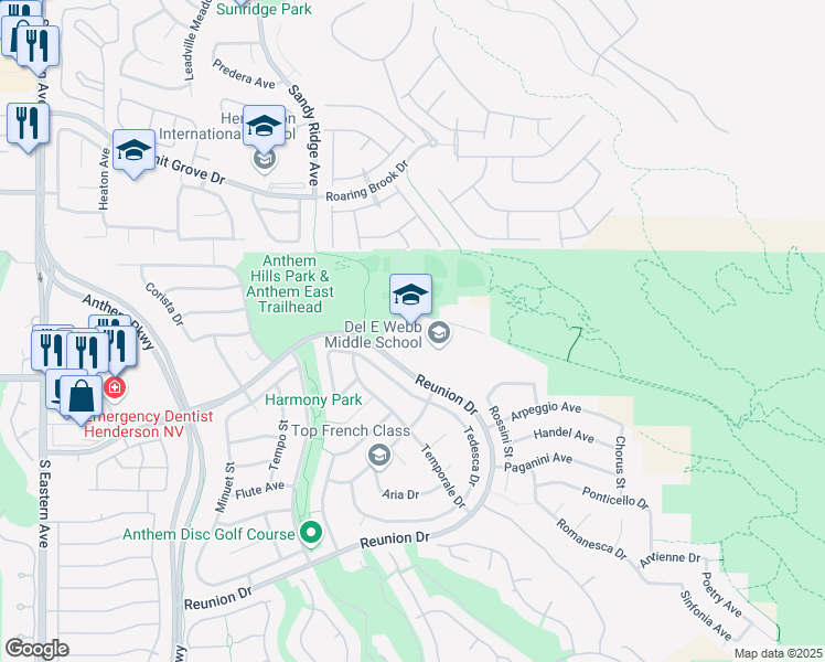 map of restaurants, bars, coffee shops, grocery stores, and more near 2200 Reunion Drive in Henderson