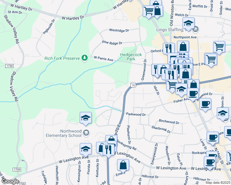 map of restaurants, bars, coffee shops, grocery stores, and more near 915 Flicker Lane in High Point