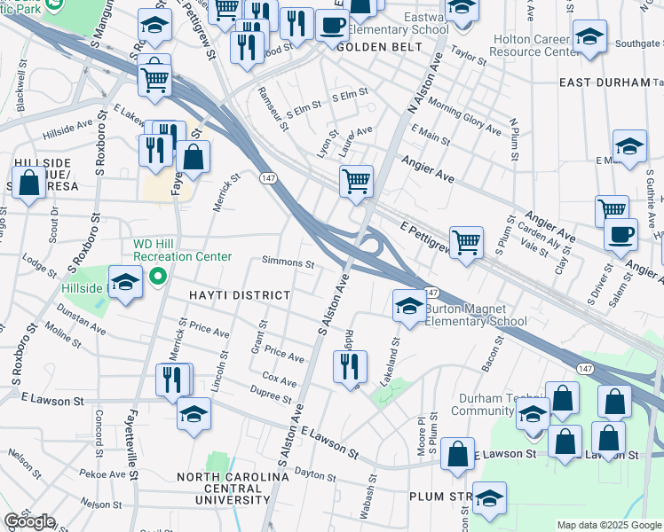 map of restaurants, bars, coffee shops, grocery stores, and more near 510 South Alston Avenue in Durham
