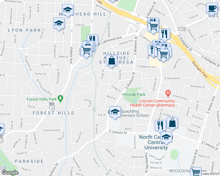 map of restaurants, bars, coffee shops, grocery stores, and more near 202 Lodge Street in Durham