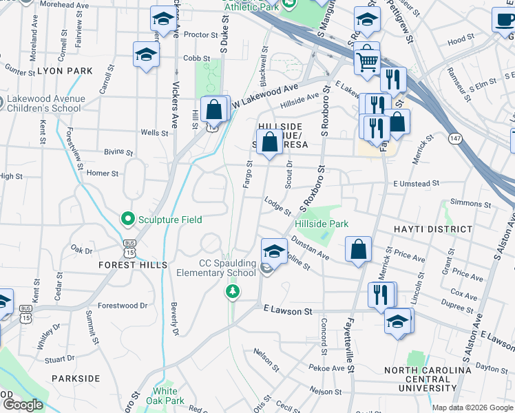map of restaurants, bars, coffee shops, grocery stores, and more near 1201 Fargo Street in Durham