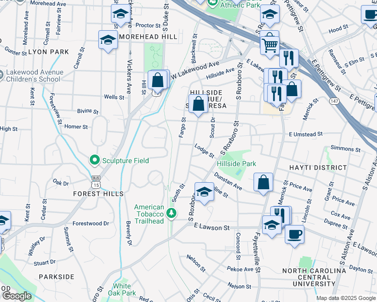 map of restaurants, bars, coffee shops, grocery stores, and more near 1201 Fargo Street in Durham