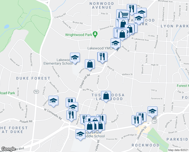 map of restaurants, bars, coffee shops, grocery stores, and more near 2501A Chapel Hill Road in Durham