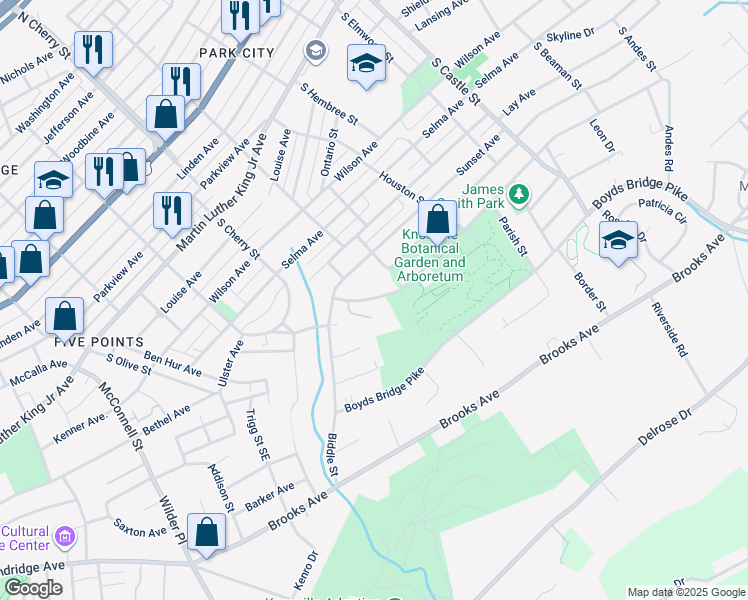 map of restaurants, bars, coffee shops, grocery stores, and more near 2639 Wimpole Avenue in Knoxville